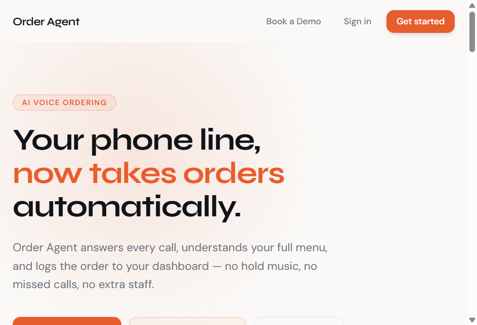 Order Agent homepage for AI voice ordering over the phone